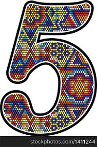 number 5 with colorful dots abstract design with mexican huichol art style isolated on white background