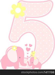 number 5 with cute elephant and little baby elephant isolated on white. can be used for mother&rsquo;s day card, baby girl birth announcements, nursery decoration, party theme or birthday invitation
