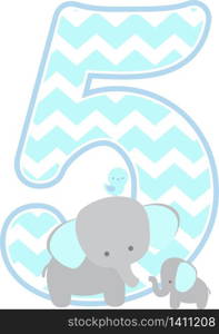 number 5 with cute elephant and little baby elephant isolated on white background. can be used for father&rsquo;s day card, baby boy birth announcements, nursery decoration, party theme or birthday invitation