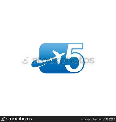 Number 5 with plane logo icon design vector illustration
