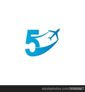 Number 5 with plane logo icon design vector illustration template