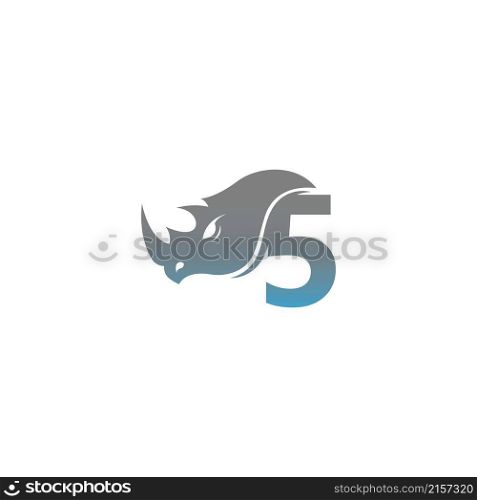 Number 5 with rhino head icon logo template vector