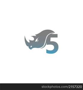 Number 5 with rhino head icon logo template vector