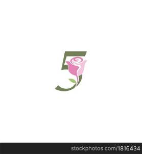 Number 5 with rose icon logo vector template illustration