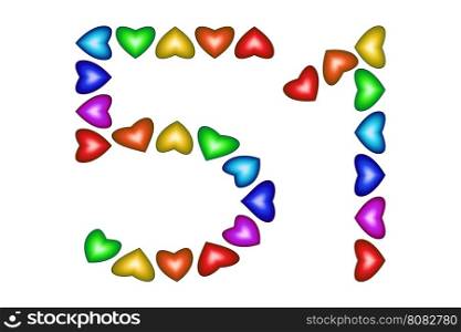 Number 51 of colorful hearts on white. Symbol for happy birthday, event, invitation, greeting card, award, ceremony. Holiday anniversary sign. Multicolored icon. Fifty one in rainbow colors. Vector