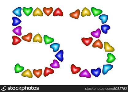 Number 53 of colorful hearts on white. Symbol for happy birthday, event, invitation, greeting card, award, ceremony. Holiday anniversary sign. Multicolored icon. Fifty three in rainbow colors. Vector