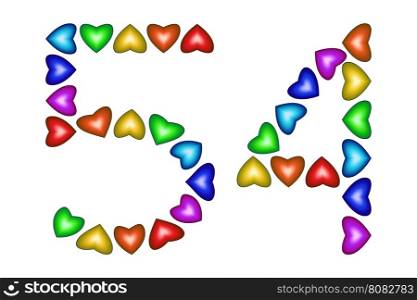 Number 54 of colorful hearts on white. Symbol for happy birthday, event, invitation, greeting card, award, ceremony. Holiday anniversary sign. Multicolored icon. Fifty four in rainbow colors. Vector