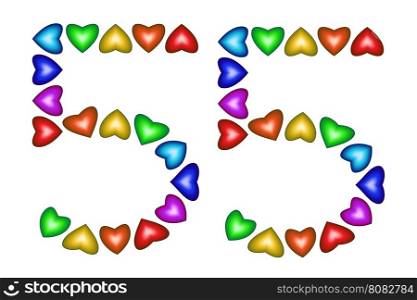 Number 55 of colorful hearts on white. Symbol for happy birthday, event, invitation, greeting card, award, ceremony. Holiday anniversary sign. Multicolored icon. Fifty five in rainbow colors. Vector