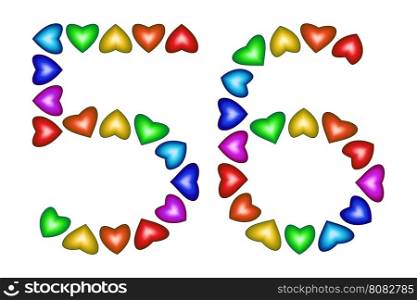 Number 56 of colorful hearts on white. Symbol for happy birthday, event, invitation, greeting card, award, ceremony. Holiday anniversary sign. Multicolored icon. Fifty six in rainbow colors. Vector