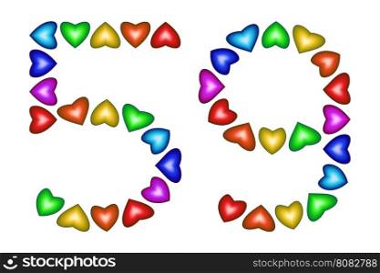 Number 59 of colorful hearts on white. Symbol for happy birthday, event, invitation, greeting card, award, ceremony. Holiday anniversary sign. Multicolored icon. Fifty nine in rainbow colors. Vector