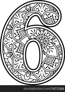 number 6 in black and white with doodle ornaments and design elements from mandala art style for coloring. Isolated on white background