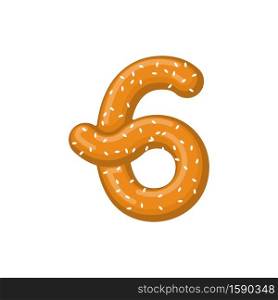 Number 6 pretzel. snack font six symbol. Food alphabet sign. Traditional German meal is ABC. Bake numeric