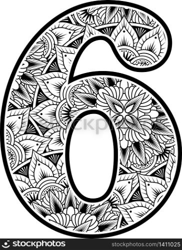 number 6 with abstract flowers ornaments in black and white. design inspired from mandala art style for coloring. Isolated on white background