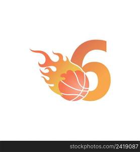 Number 6 with basketball ball on fire illustration vector