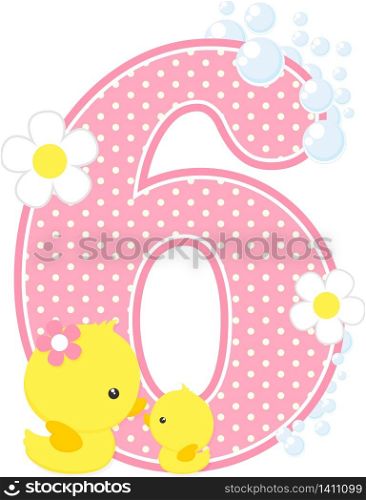 number 6 with bubbles and cute rubber duck isolated on white. can be used for baby girl birth announcements, nursery decoration, party theme or birthday invitation. Design for baby girl