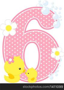 number 6 with bubbles and cute rubber duck isolated on white. can be used for baby girl birth announcements, nursery decoration, party theme or birthday invitation. Design for baby girl