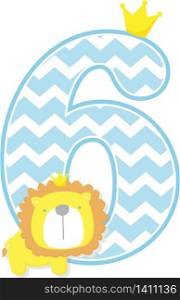 number 6 with chevron pattern. cute little lion king isolated on white background. can be used for father&rsquo;s day card, baby boy birth announcements, nursery decoration, party theme or birthday invitation