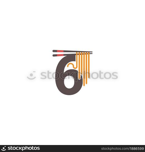 Number 6 with chopsticks and noodle icon logo design template