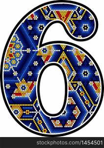 number 6 with colorful dots. Abstract design inspired in mexican huichol art style isolated on white background