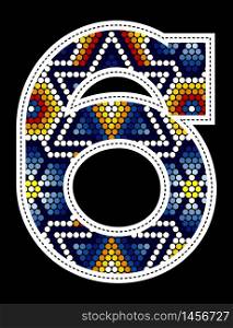 number 6 with colorful dots abstract design inspired in mexican huichol art style isolated on black background