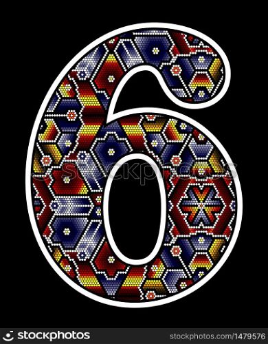 number 6 with colorful dots. Abstract design inspired in mexican huichol beaded art style. Isolated on black background