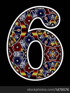 number 6 with colorful dots. Abstract design inspired in mexican huichol beaded art style. Isolated on black background