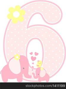 number 6 with cute elephant and little baby elephant isolated on white. can be used for mother&rsquo;s day card, baby girl birth announcements, nursery decoration, party theme or birthday invitation