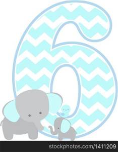 number 6 with cute elephant and little baby elephant isolated on white background. can be used for father&rsquo;s day card, baby boy birth announcements, nursery decoration, party theme or birthday invitation