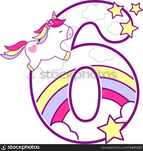 number 6 with cute unicorn and rainbow. can be used for baby birth announcements, nursery decoration, party theme or birthday invitation. Design for baby and children