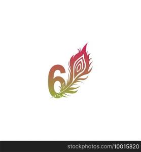 Number 6 with feather logo icon design vector illustration