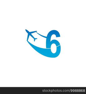 Number 6 with plane logo icon design vector illustration template