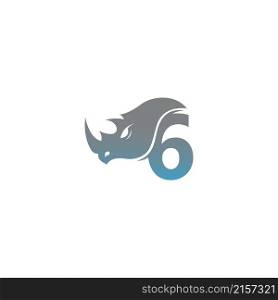Number 6 with rhino head icon logo template vector