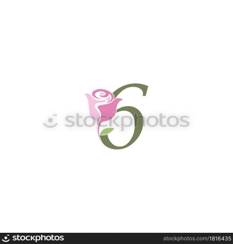 Number 6 with rose icon logo vector template illustration