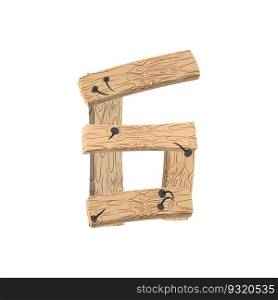 Number 6 wood board font. Six symbol plank and nails alphabet. Lettering of boards. Country chipboard ABC
