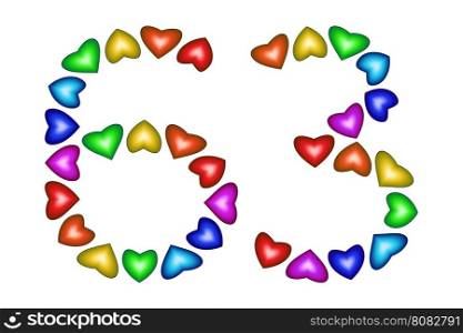 Number 63 of colorful hearts on white. Symbol for happy birthday, event, invitation, greeting card, award, ceremony. Holiday anniversary sign. Multicolored icon. Sixty three in rainbow colors. Vector