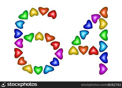 Number 64 of colorful hearts on white. Symbol for happy birthday, event, invitation, greeting card, award, ceremony. Holiday anniversary sign. Multicolored icon. Sixty four in rainbow colors. Vector