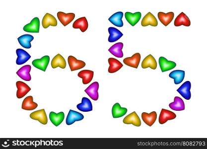 Number 65 of colorful hearts on white. Symbol for happy birthday, event, invitation, greeting card, award, ceremony. Holiday anniversary sign. Multicolored icon. Sixty five in rainbow colors. Vector