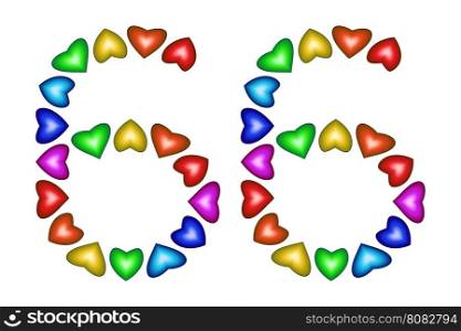 Number 66 of colorful hearts on white. Symbol for happy birthday, event, invitation, greeting card, award, ceremony. Holiday anniversary sign. Multicolored icon. Sixty six in rainbow colors. Vector