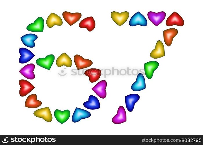 Number 67 of colorful hearts on white. Symbol for happy birthday, event, invitation, greeting card, award, ceremony. Holiday anniversary sign. Multicolored icon. Sixty seven in rainbow colors. Vector
