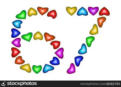 Number 67 of colorful hearts on white. Symbol for happy birthday, event, invitation, greeting card, award, ceremony. Holiday anniversary sign. Multicolored icon. Sixty seven in rainbow colors. Vector