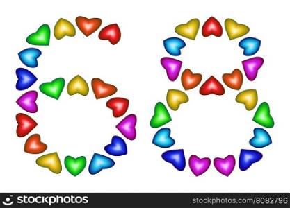 Number 68 of colorful hearts on white. Symbol for happy birthday, event, invitation, greeting card, award, ceremony. Holiday anniversary sign. Multicolored icon. Sixty eight in rainbow colors. Vector