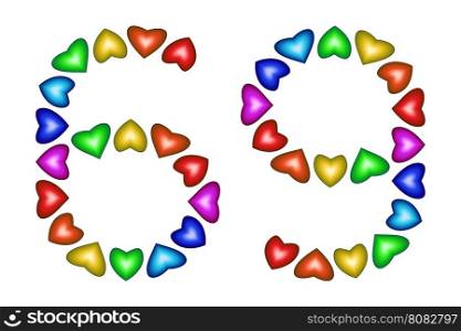 Number 69 of colorful hearts on white. Symbol for happy birthday, event, invitation, greeting card, award, ceremony. Holiday anniversary sign. Multicolored icon. Sixty nine in rainbow colors. Vector