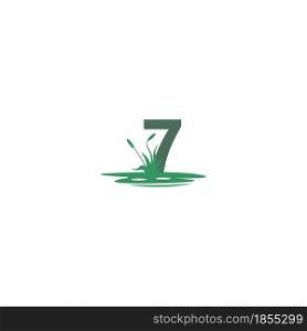 Number 7 behind puddles and grass template illustration