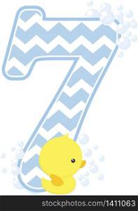 number 7 with bubbles and little baby rubber duck isolated on white background. can be used for baby boy birth announcements, nursery decoration, party theme or birthday invitation