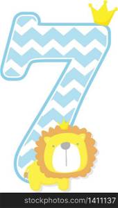number 7 with chevron pattern. cute little lion king isolated on white background. can be used for father&rsquo;s day card, baby boy birth announcements, nursery decoration, party theme or birthday invitation