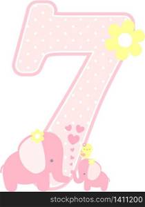 number 7 with cute elephant and little baby elephant isolated on white. can be used for mother&rsquo;s day card, baby girl birth announcements, nursery decoration, party theme or birthday invitation