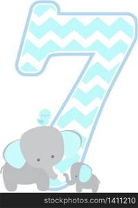 number 7 with cute elephant and little baby elephant isolated on white background. can be used for father&rsquo;s day card, baby boy birth announcements, nursery decoration, party theme or birthday invitation