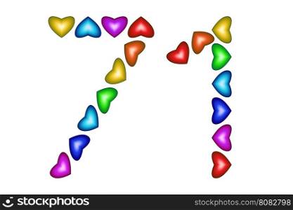 Number 71 of colorful hearts on white. Symbol for happy birthday, event, invitation, greeting card, award, ceremony. Holiday anniversary sign. Multicolored icon. Seventy one in rainbow colors. Vector