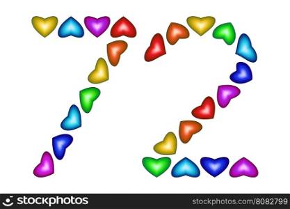 Number 72 of colorful hearts on white. Symbol for happy birthday, event, invitation, greeting card, award, ceremony. Holiday anniversary sign. Multicolored icon. Seventy two in rainbow colors. Vector