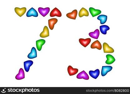Number 73 of colorful hearts on white. Symbol for happy birthday, event, invitation, greeting card, award, ceremony. Holiday anniversary sign. Multicolored icon. Seventy three in rainbow colors.Vector